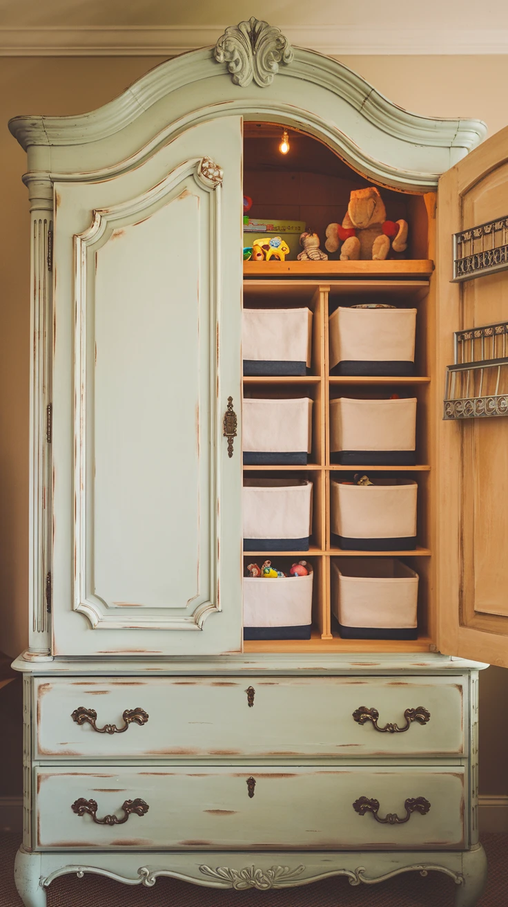 2. Vintage Armoire Toy Cabinet