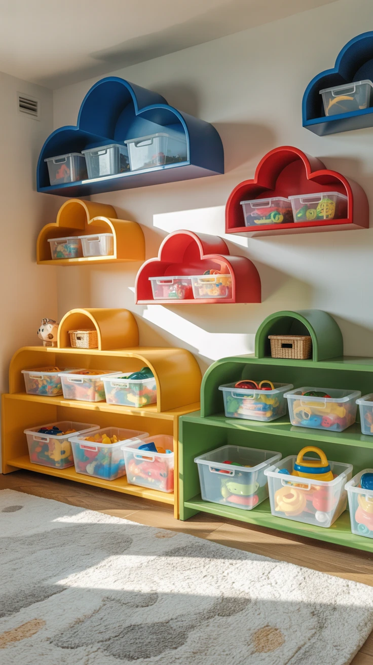 1. Floating Shelves with Bins